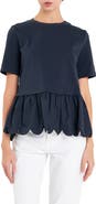 English Factory Mixed Media Scallop Peplum Cotton Top