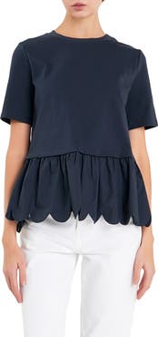 English Factory Mixed Media Scallop Peplum Cotton Top
