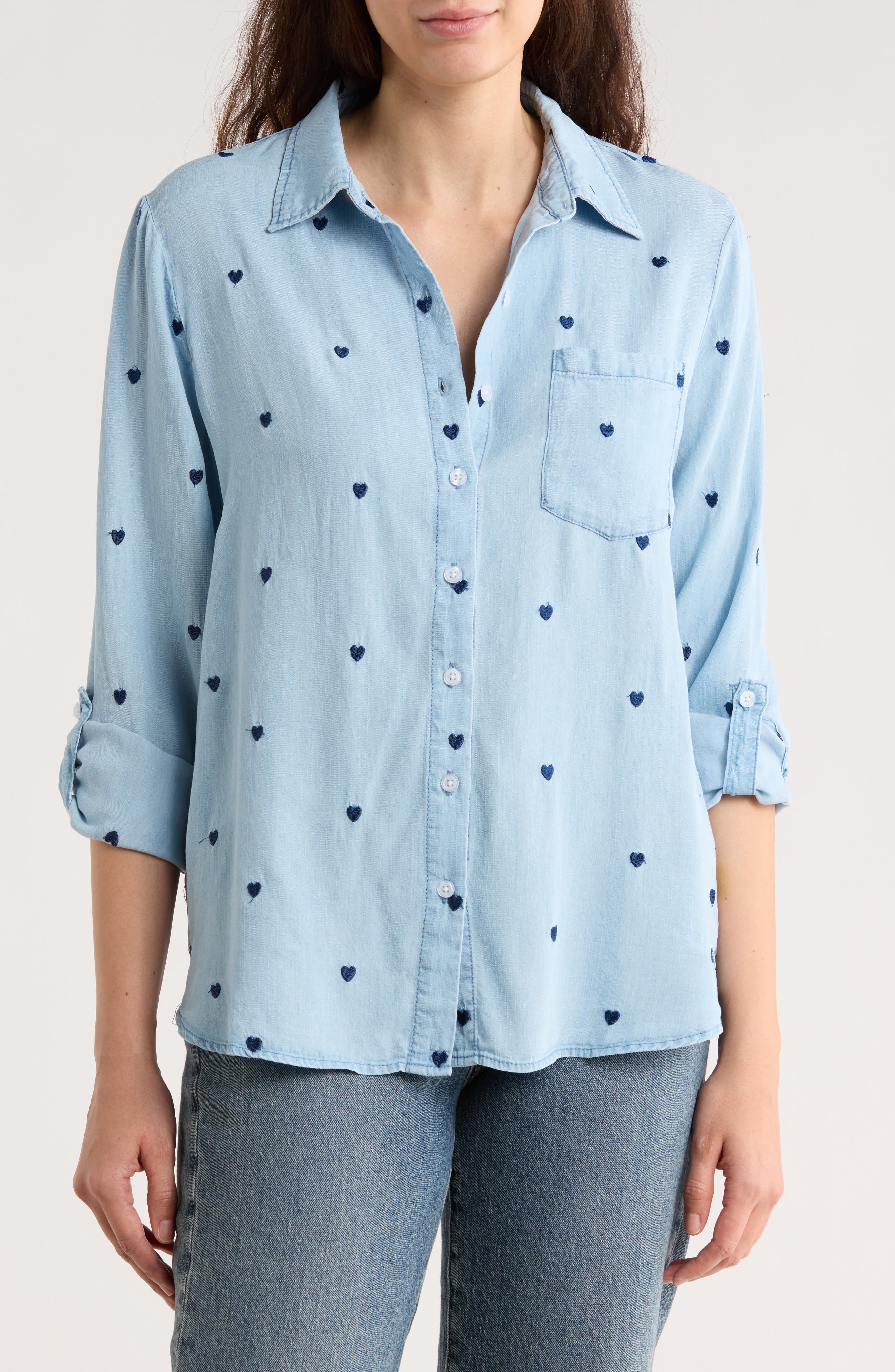 T Tahari Embroidered Chambray Button-Up Shirt