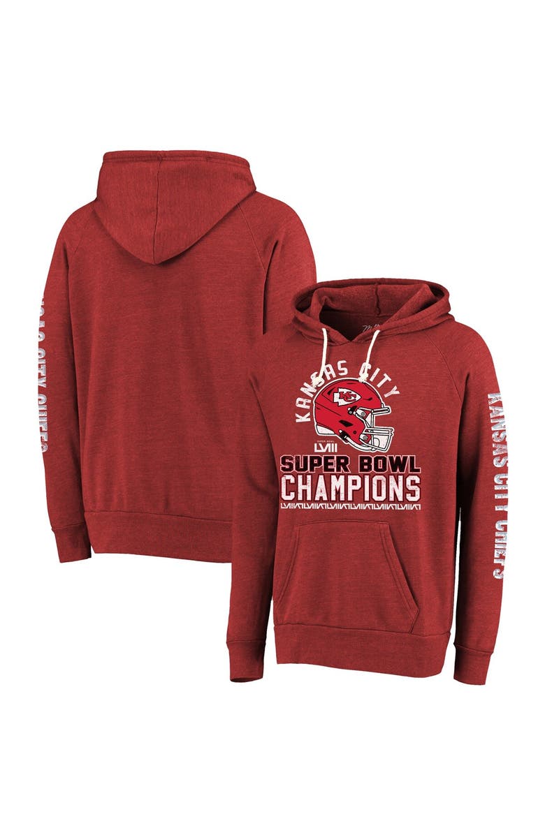 Majestic Threads Men's Majestic Threads Red Kansas City Chiefs Super Bowl LVIII Champions Tri-Blend Pullover Hoodie, Main, color, 