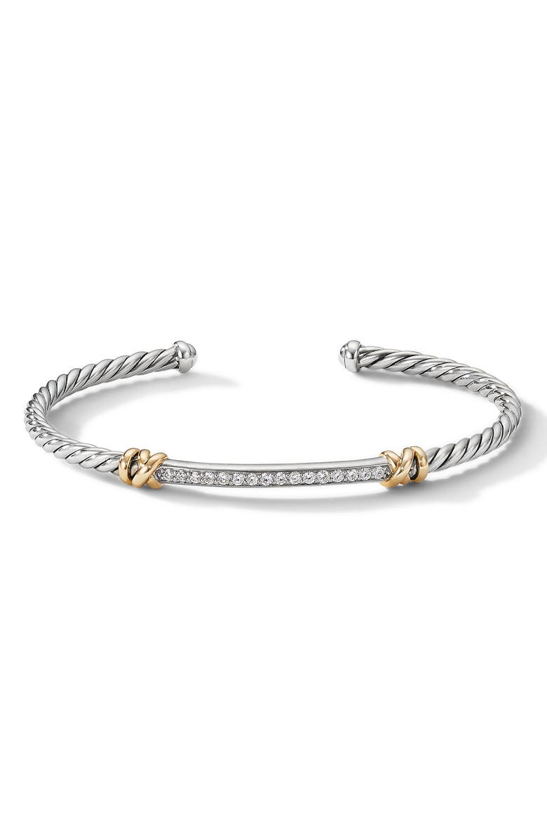David Yurman Petite Helena Classic Sterling Silver & 18K Yellow Gold Diamond Cable Station Bracelet, 3mm, Main, color, Diamond/ Silver