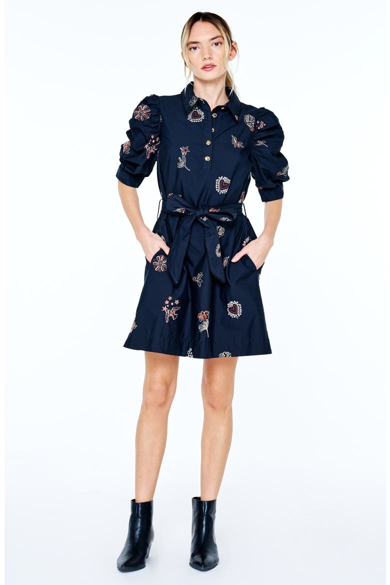 Scarlette Floral Embroidery Cotton Shirtdress, Alternate, color, BLACK