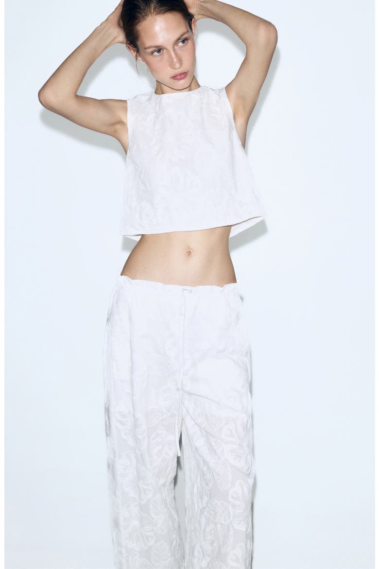 Floral Jacquard Cotton Drawstring Ankle Pants, Alternate, color, WHITE