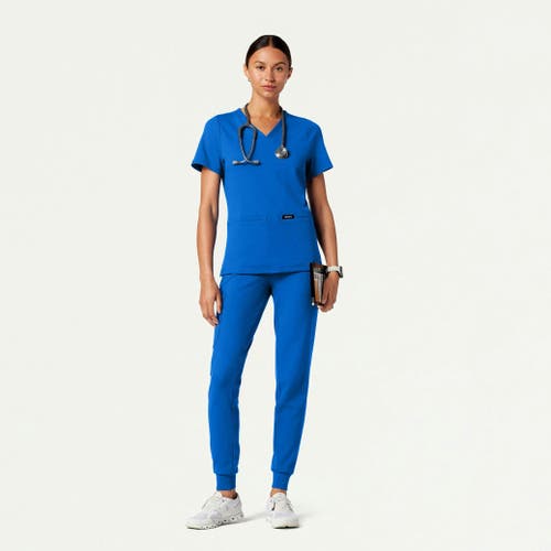 Jaanuu 2-pocket Slim Knit V-neck Scrub Top In Blue