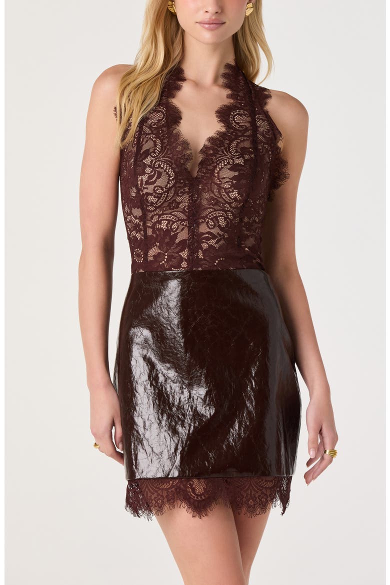 Rita Mixed Media Lace & Faux Leather Minidress, Alternate, color, BROWN