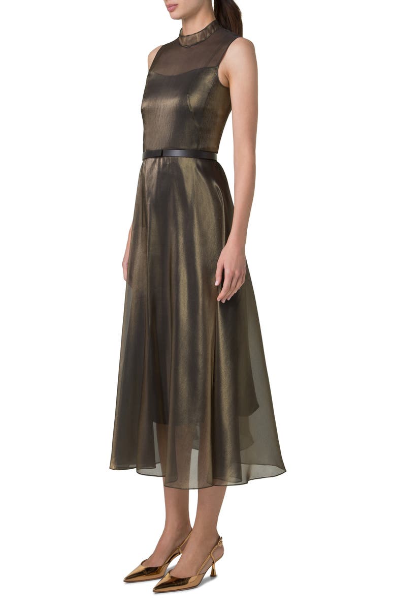 Akris Belted Metallic Silk Blend Organza Midi Dress, Alternate, color, 