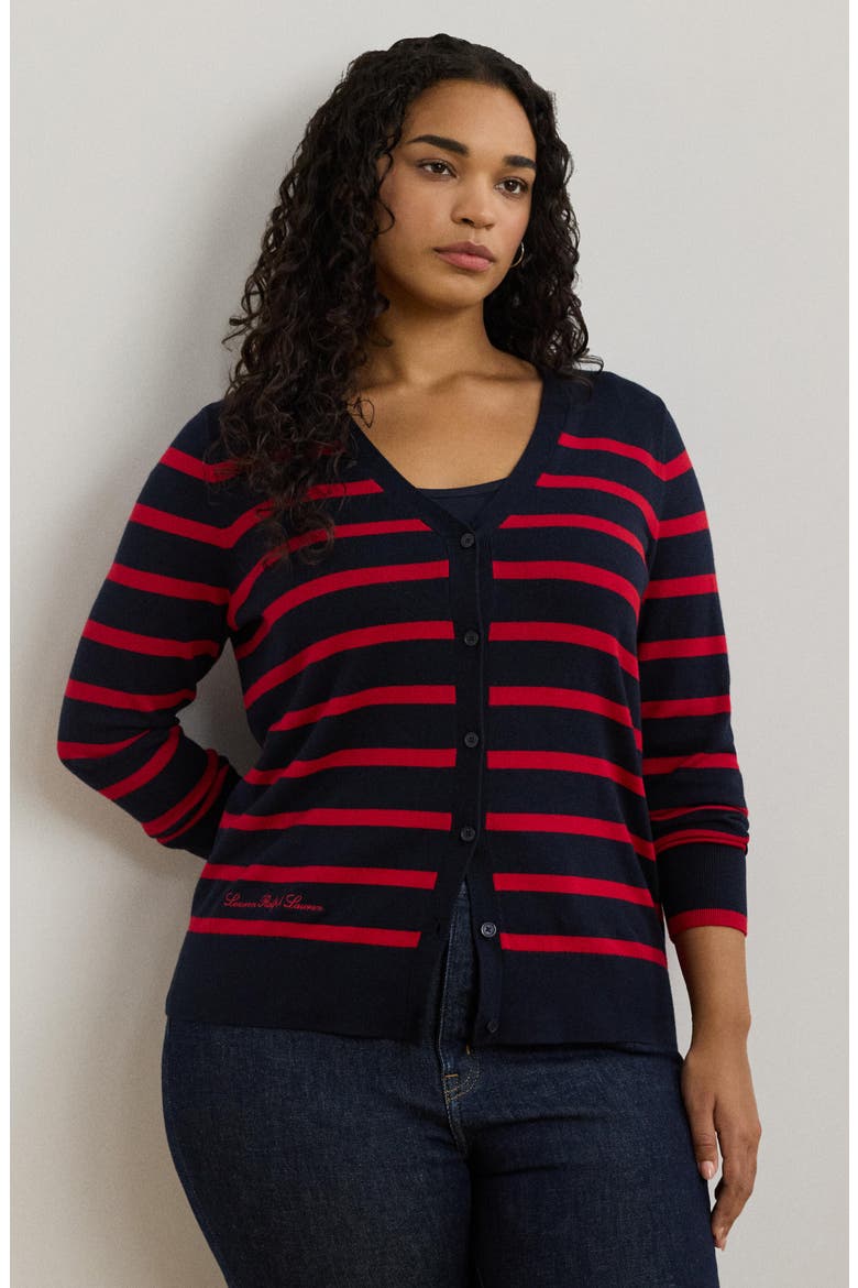Stripe Cotton & Modal Cardigan, Alternate, color, LAUREN NAVY/ FESTIVE RED