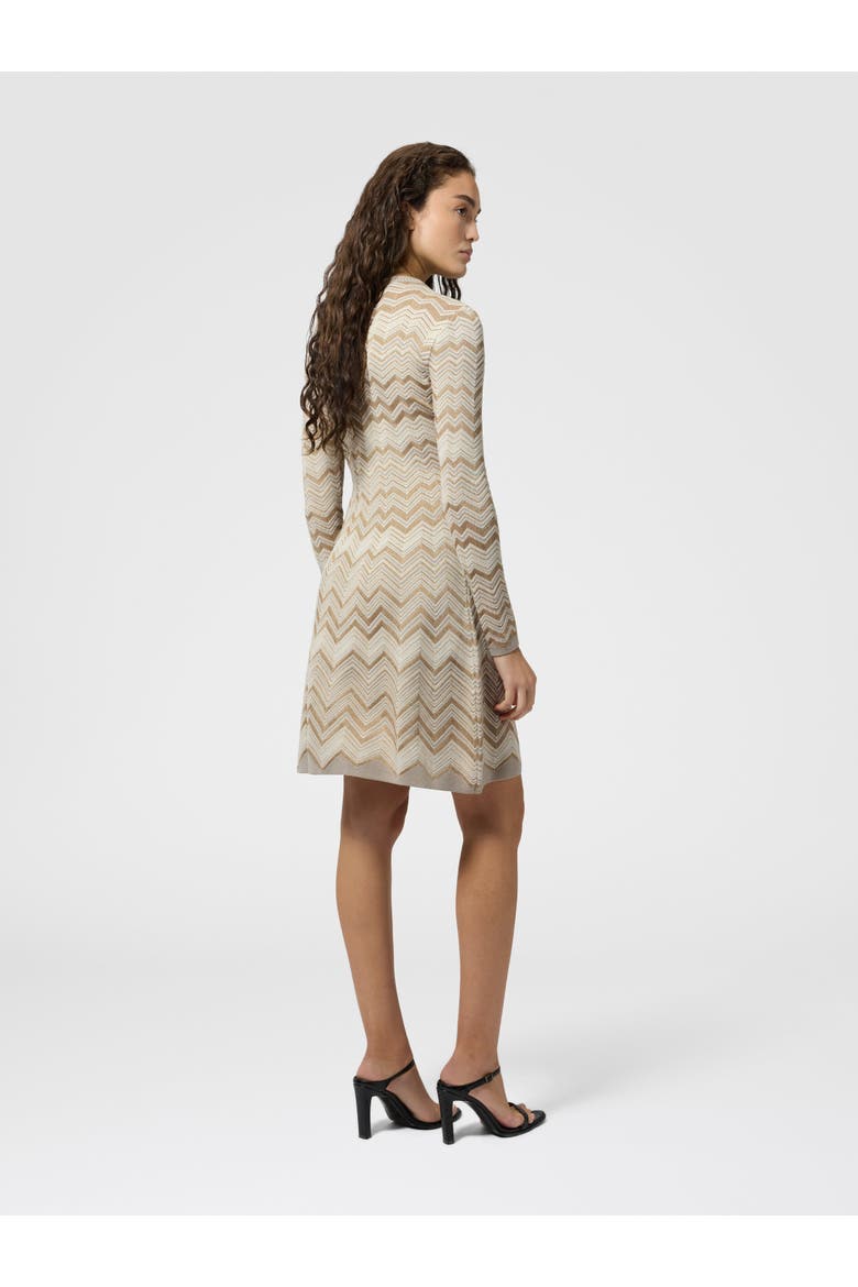Zig Zag Viscose And Wool Crewneck Dress, Alternate, color, Beige