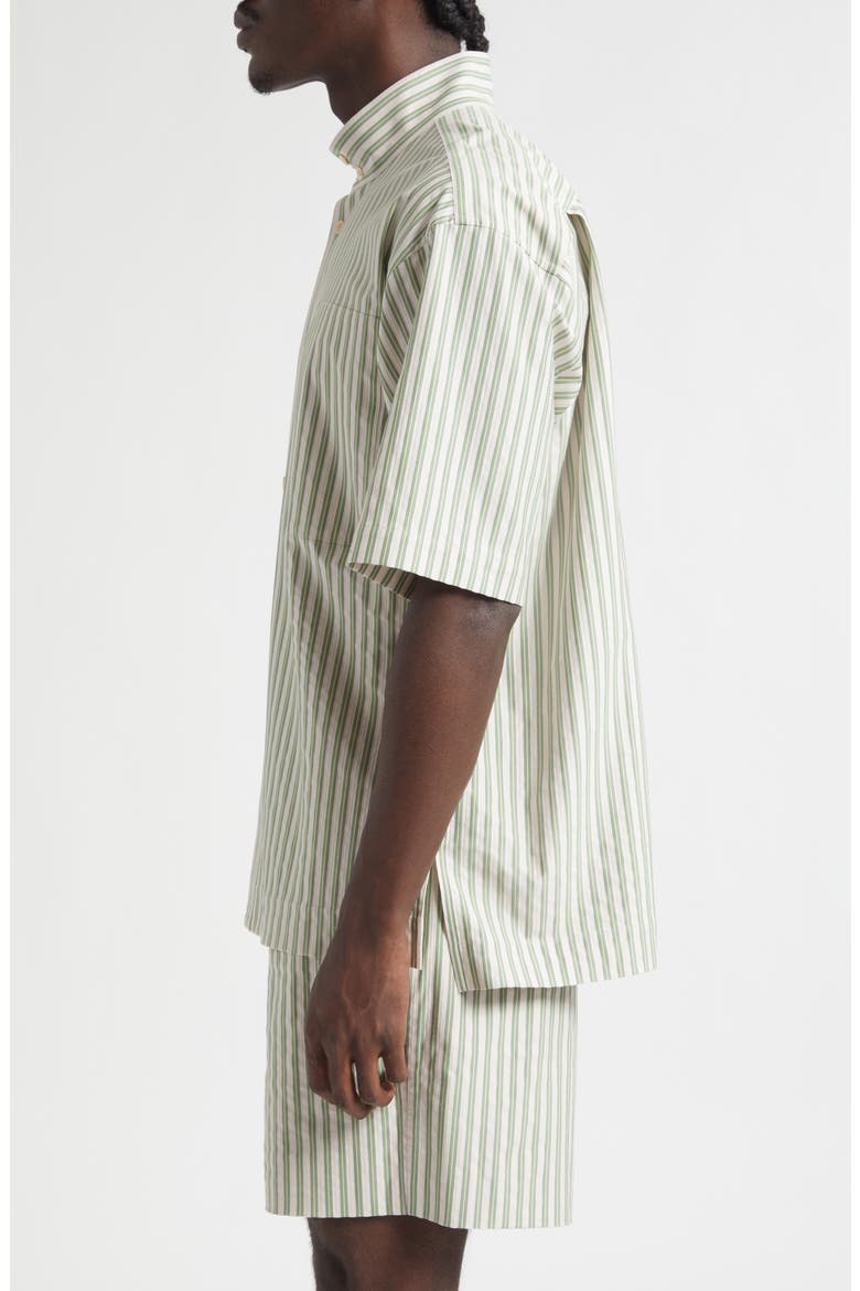 Stripe Short Sleeve Stand Collar Cotton Button-Up Shirt, Alternate, color, GREEN
