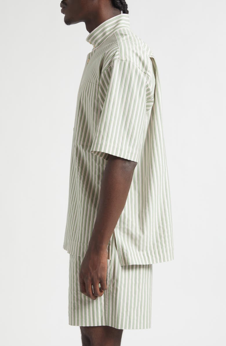 Homme Plissé Issey Miyake Stripe Short Sleeve Stand Collar Cotton Button-Up Shirt, Alternate, color, Green