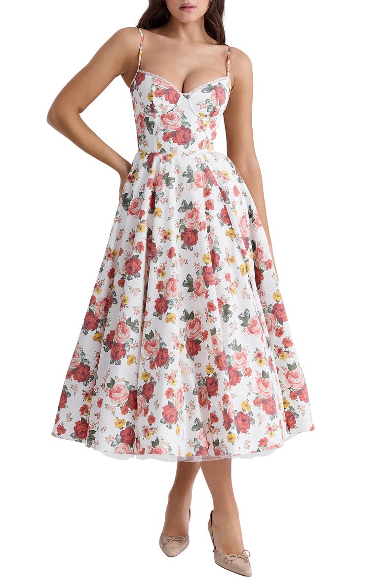 Mademoiselle Bustier Stretch Satin Midi Dress, Main, color, ROSE PRINT