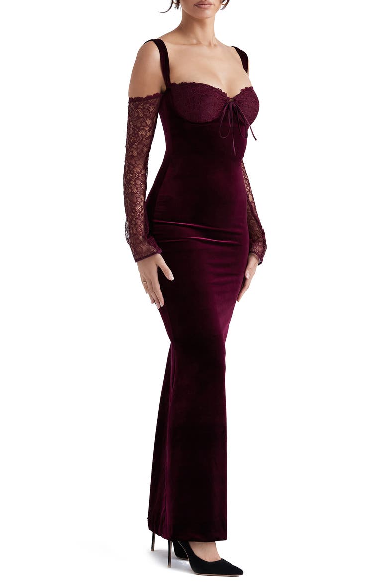 Cold Shoulder Long Sleeve Velvet & Lace Gown, Alternate, color, BROWN CHERRY