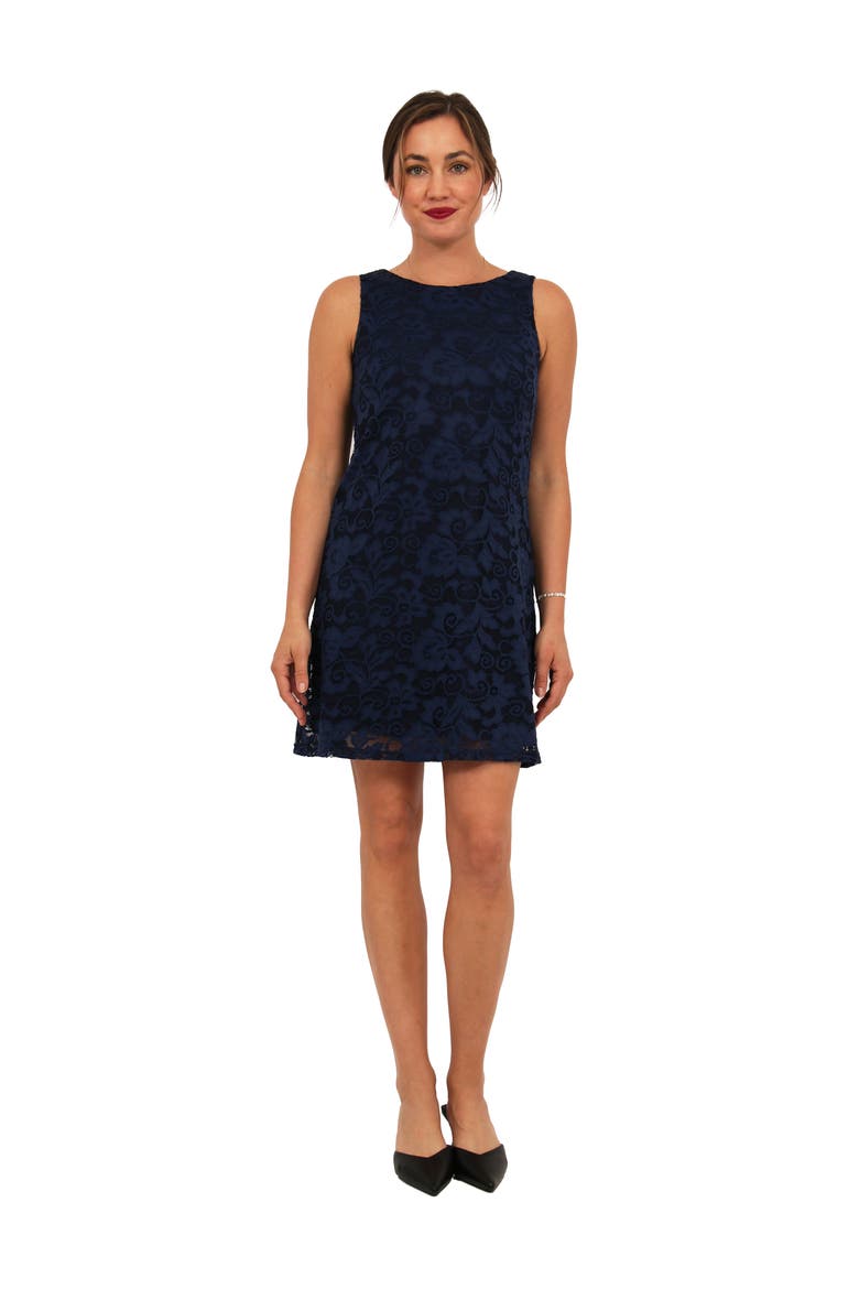 Womens Elevate Lace Sleeveless Boat Neck Mini Shift Dress, Main, color, Navy