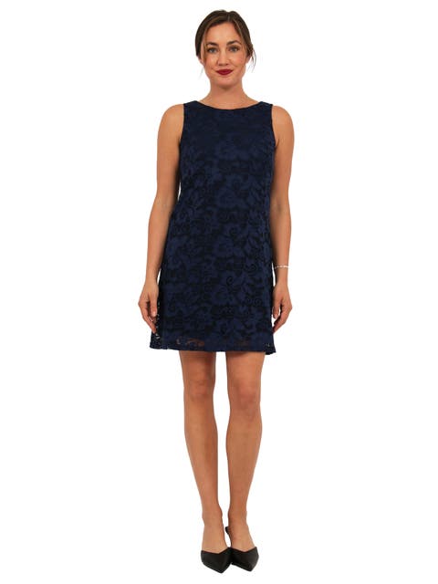 Womens Elevate Lace Sleeveless Boat Neck Mini Shift Dress