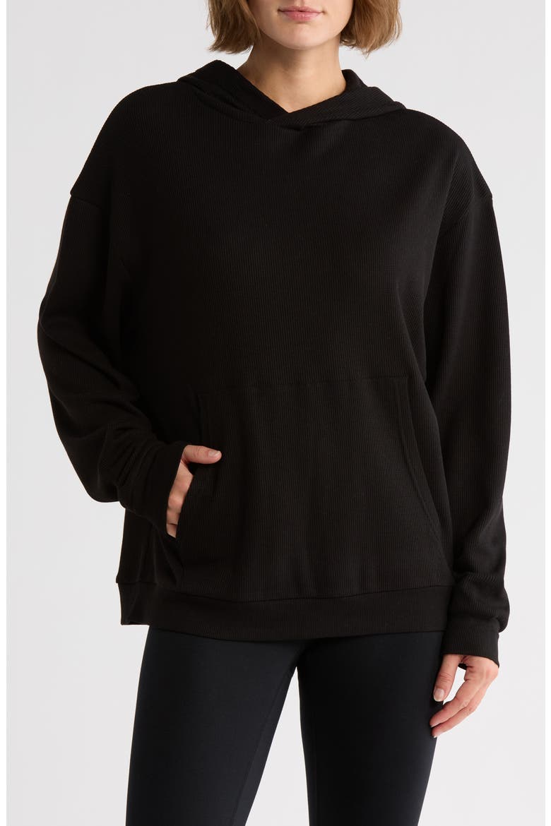 Waffle Knit Pullover Hoodie, Main, color, BLACK