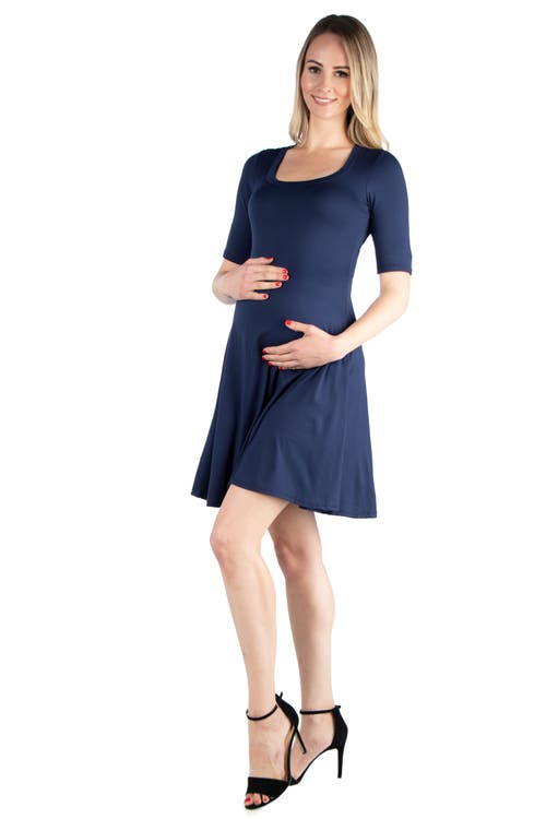 24seven Comfort Apparel Maternity Knee Length A-line Elbow Sleeve Dress In Blue