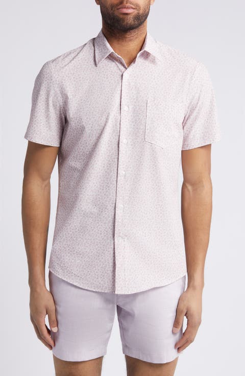 Trim Fit Leaf Print Short Sleeve Cotton Button-Up Shirt