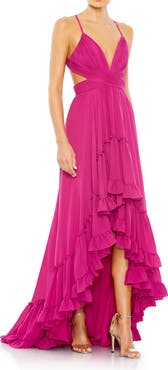Mac Duggal Pleated Tiered Cut Out Sleeveless Gown