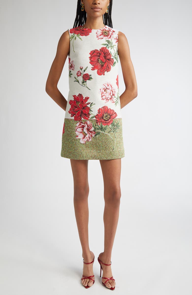 Oscar de la Renta Peony Jacquard Shift Dress, Main, color, Ecru Multi