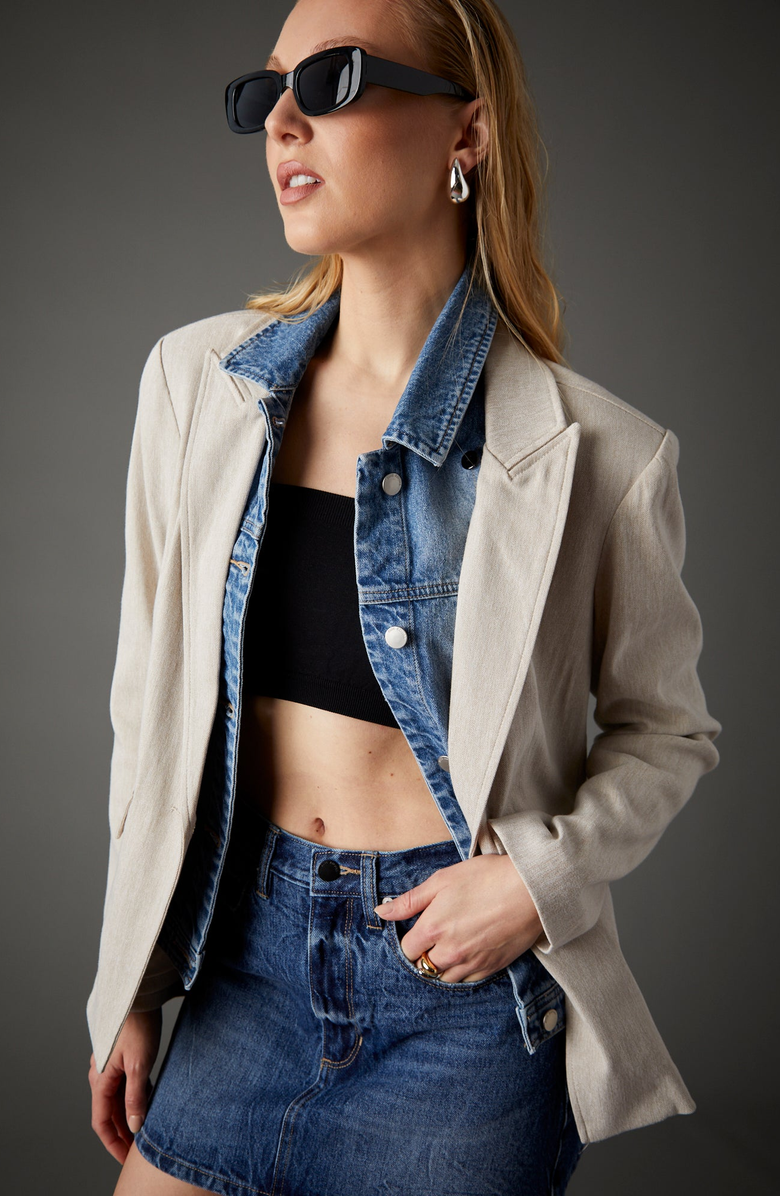 BLUE REVIVAL Helen Blazer in Sand Herringbone With Removable Denim Insert, Main, color, 
