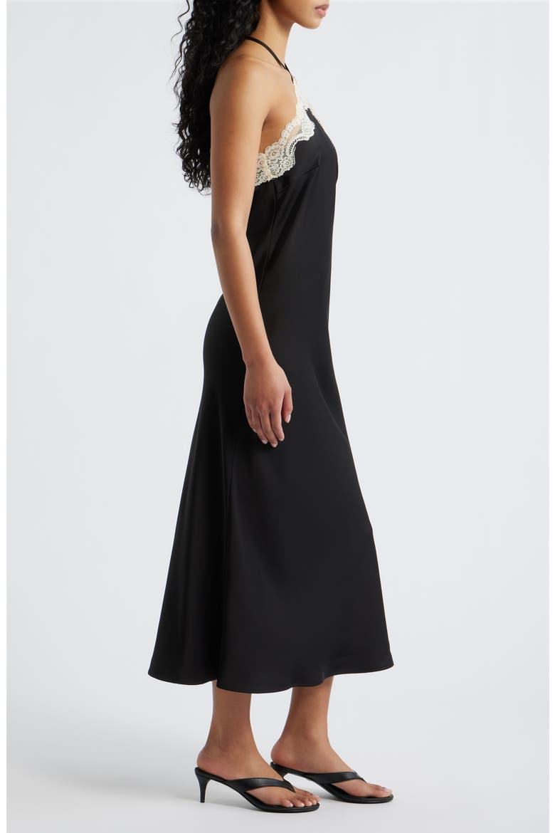 Celia Lace Trim Halter Satin Dress, Alternate, color, BLACK