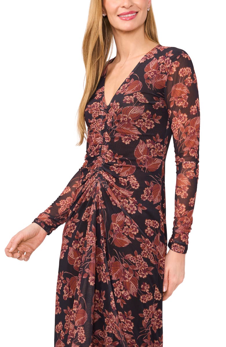 Ted Baker Floral Long Sleeve Center Ruched Midi Dress, Alternate, color, Leather Brown