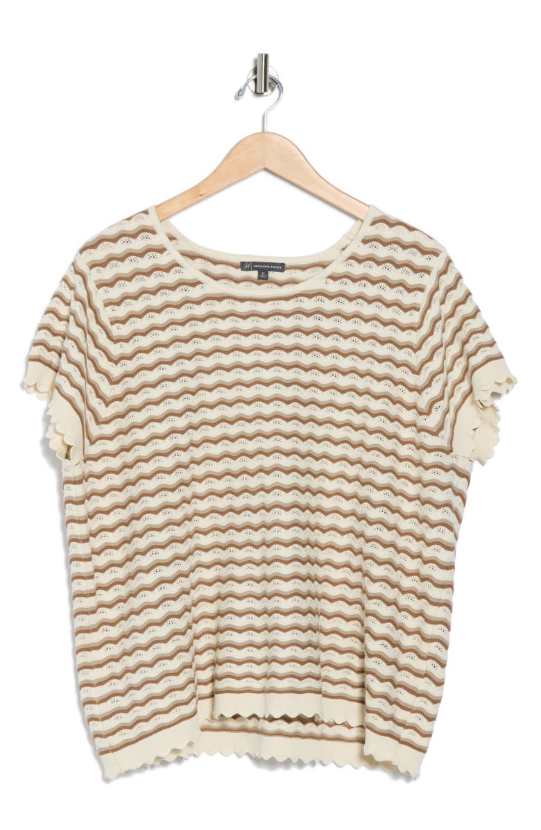 Adrianna Papell Wavy Stripe Short Sleeve Pointelle Sweater, Alternate, color, Neutral Combo