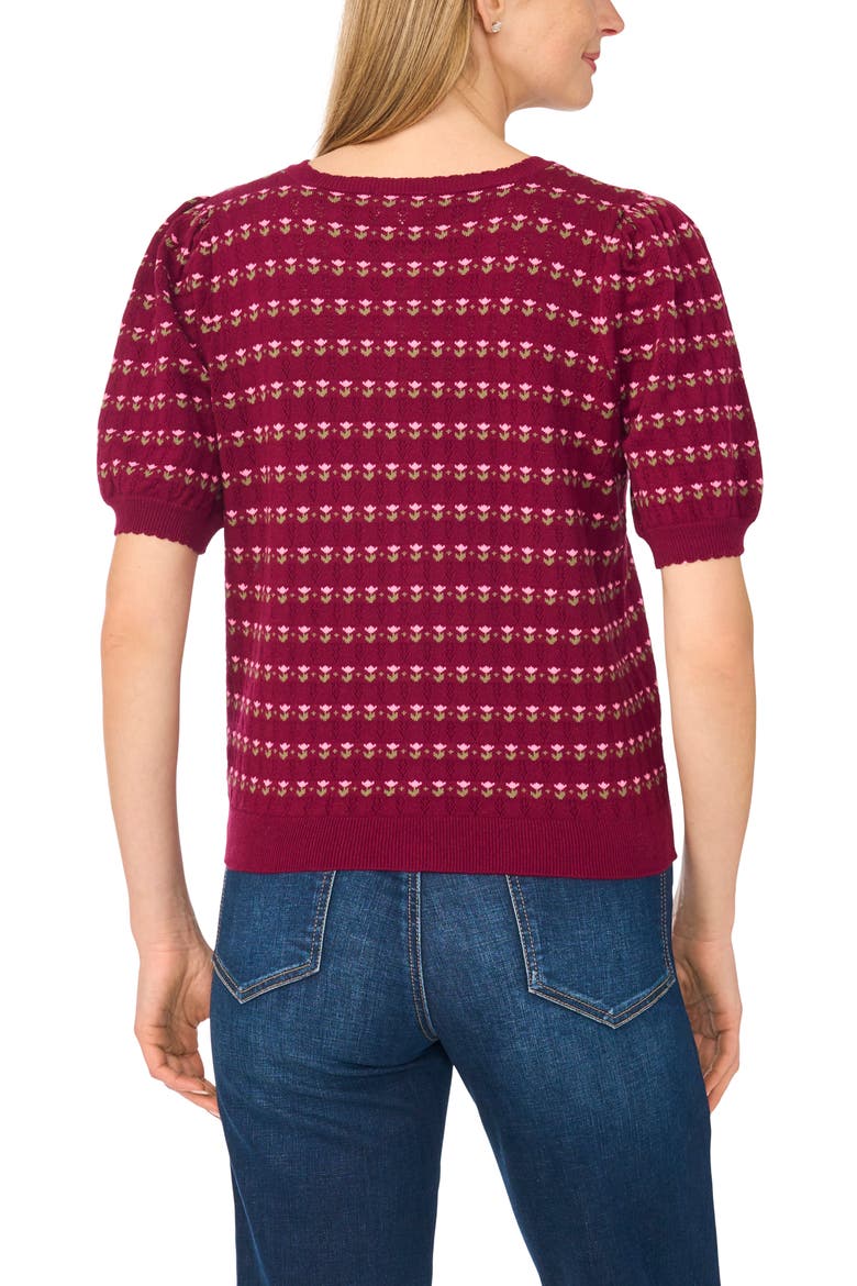 Jacquard Short Sleeve Cardigan, Alternate, color, DEEP MULBERRY