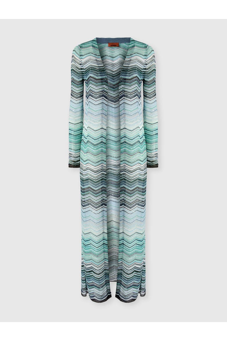 Long Cardigan With Chevron Motif And Sequins, Main, color, Turquoise