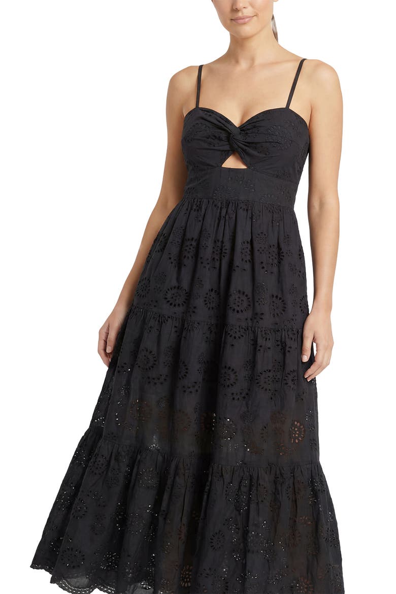 Jillian Embroidered Eyelet Tiered Maxi Dress, Alternate, color, Black