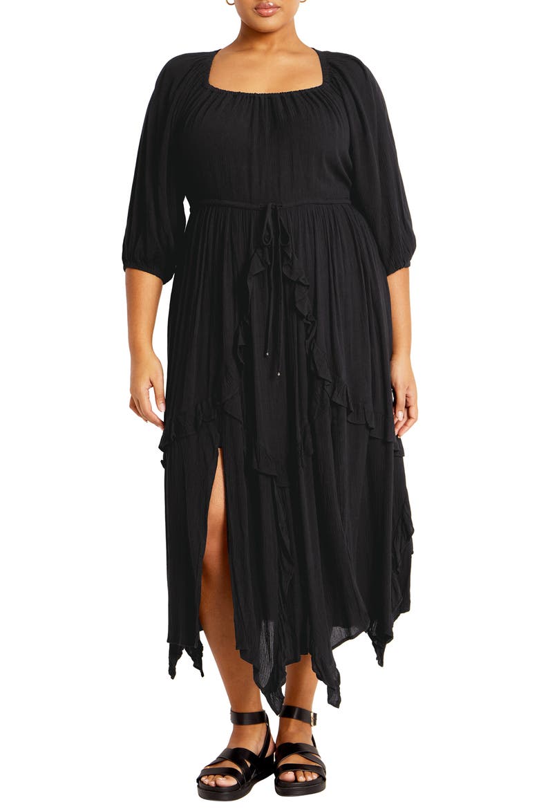 Arzel Crinkle Handkerchief Hem Midi Dress, Main, color, BLACK