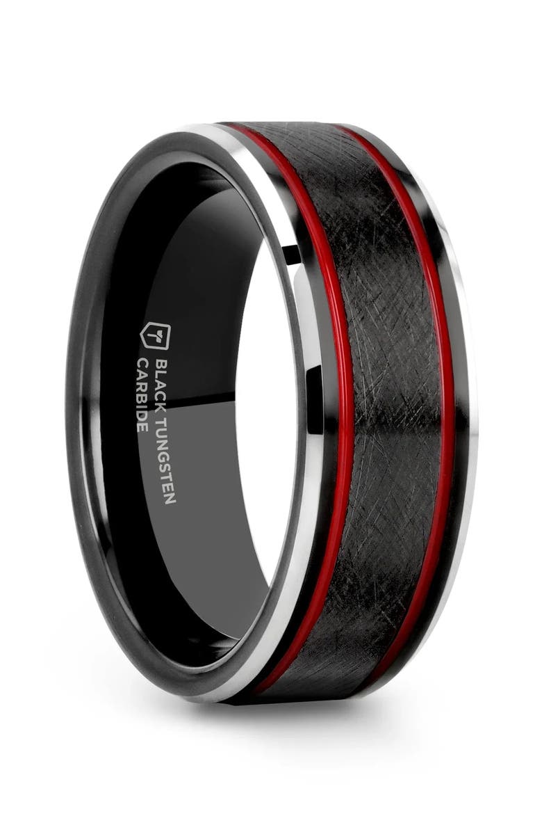 Larson Jewelers Olis Wire Finish Tungsten Wedding Band, Main, color, Black / Red