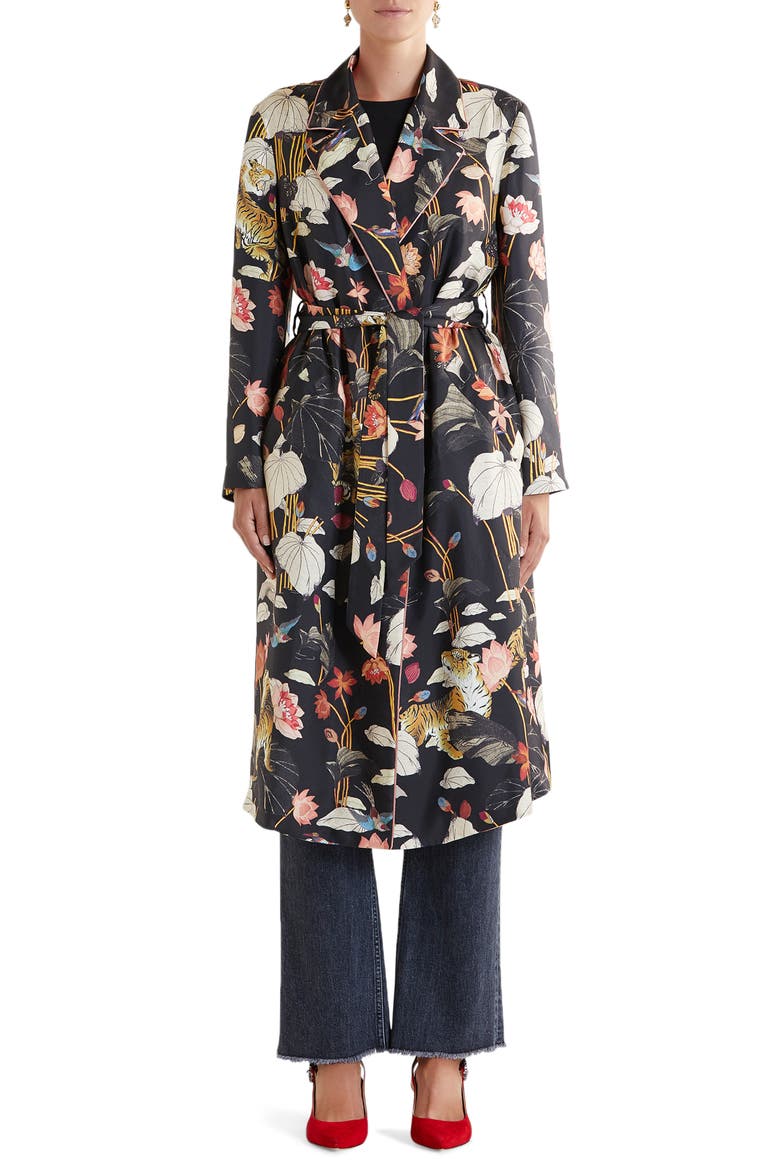 Zante Floral Print Silk Duster, Main, color, BLACK