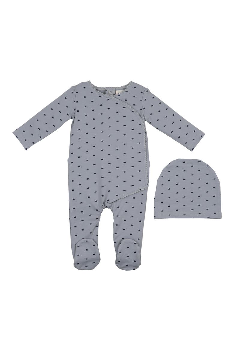 Crown Print Cotton Blend Wrap Footie & Beanie Set, Main, color, SKY BLUE