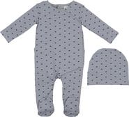 Manière Crown Print Cotton Blend Wrap Footie & Beanie Set