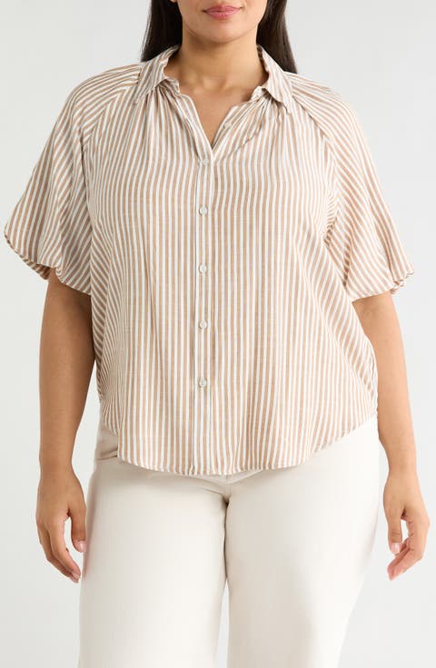 Stripe Bubble Sleeve Button-Up Shirt (Plus)