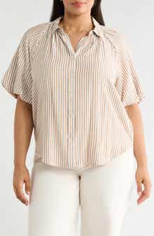 MAX STUDIO Stripe Bubble Sleeve Button-Up Shirt