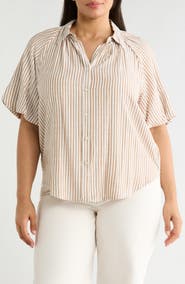 MAX STUDIO Stripe Bubble Sleeve Button-Up Shirt