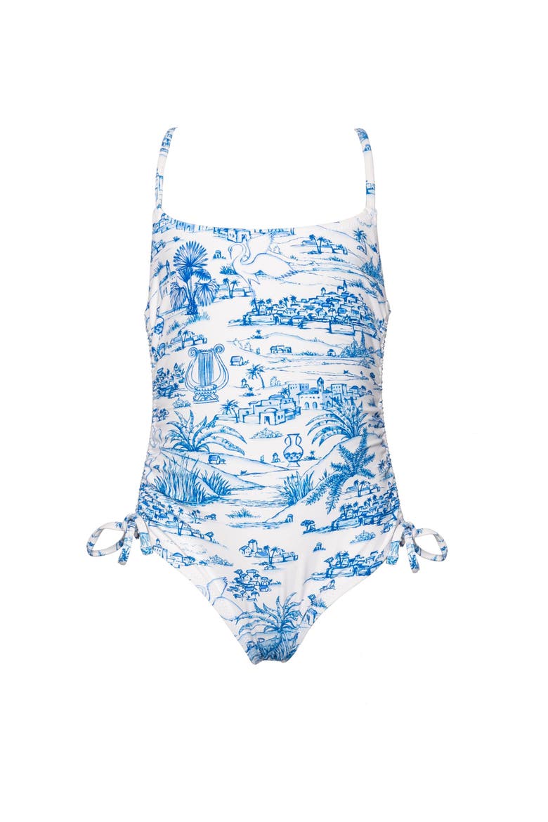 Summer Toile Criss Cross Back Adjustable One Piece Swimsuit, Main, color, Blue-White
