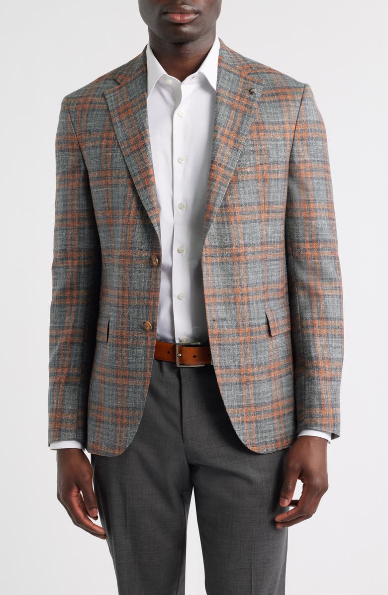 Jack Victor McAllen Grey & Orange Plaid Soft Constructed Wool & Silk Blend Sport Coat, Main, color, Grey