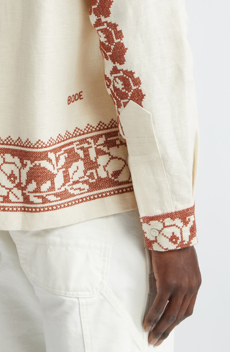 Bode Cross Stitch Rose Garland Linen Camp Shirt, Alternate, color, 