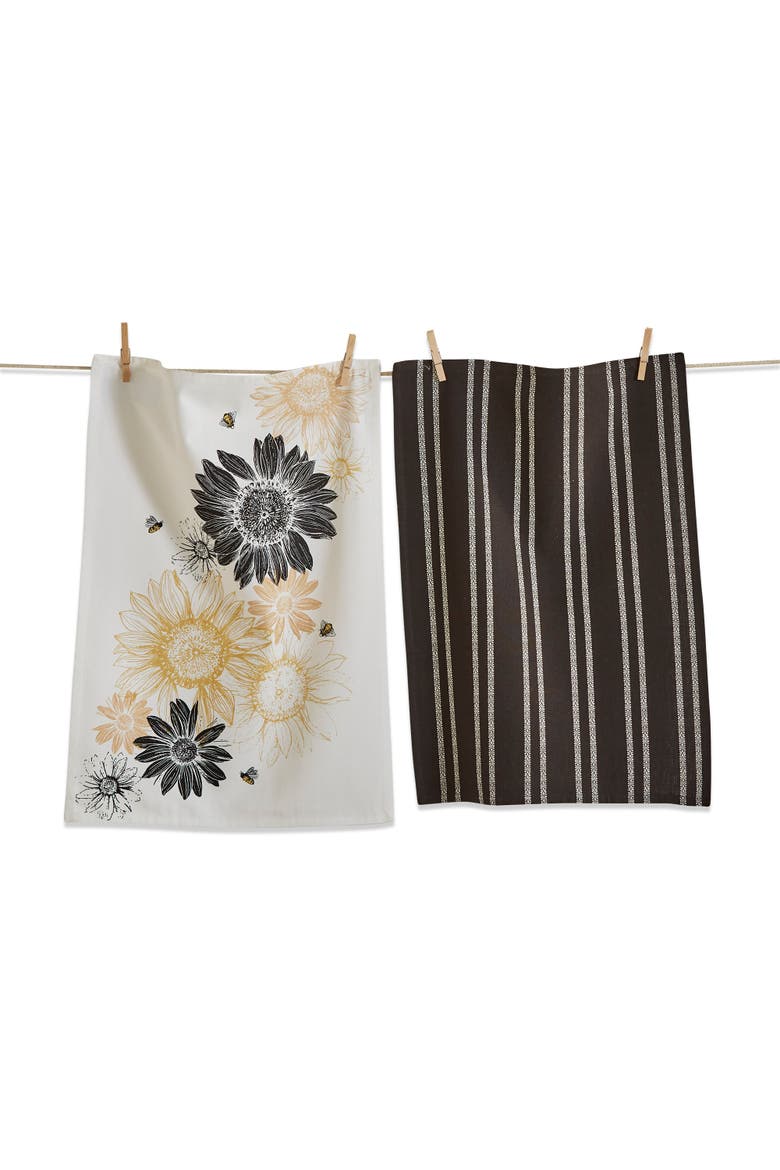 Set of 2 Black Yellow Sunflower Print Cotton Dishtowels, Main, color, Beige