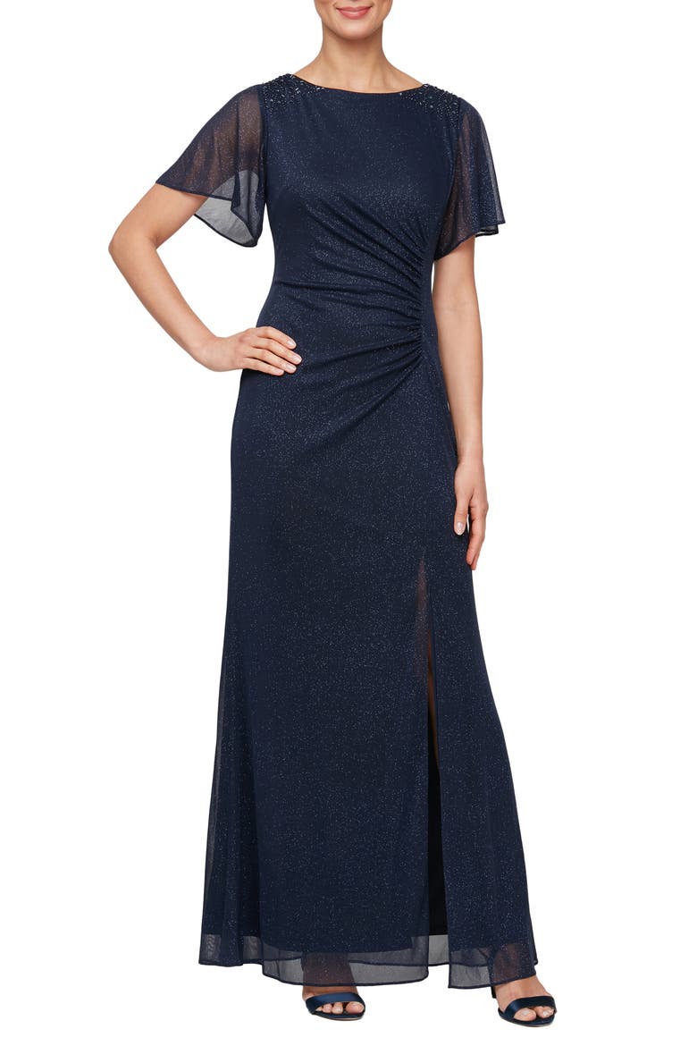 Sparkle Embellished Shoulder Gown, Main, color, NAVY