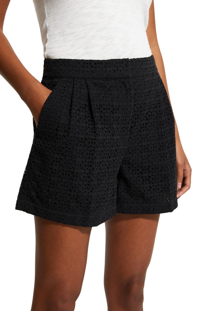 Theory Pleated Eyelet Detail Cotton Shorts, Alternate, color, 