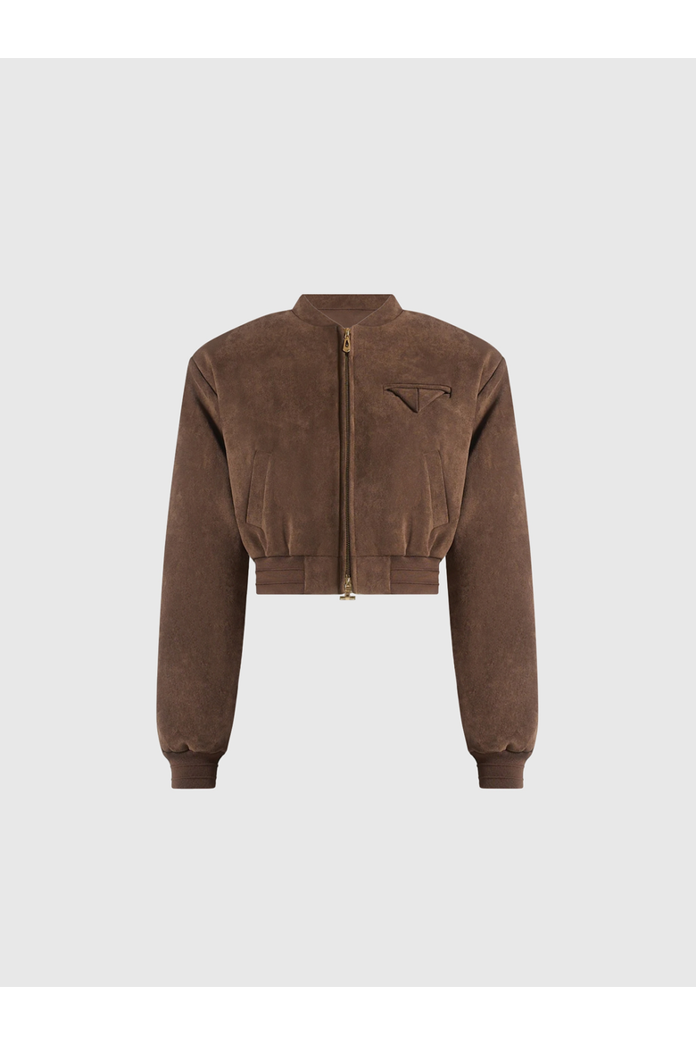 Monique Suede Wide Shoulder Bomber Jacket, Alternate, color, Brown