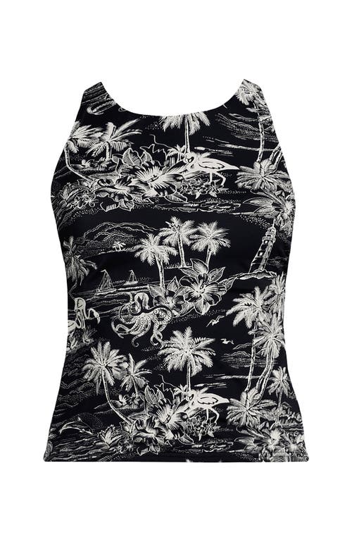 Shop Lands' End D-cup Tugless High Neck Strappy Back Tankini Swimsuit Top In Black Tropical Scene