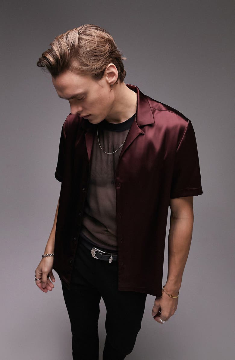 Topman Short Sleeve Satin Button-Up Shirt, Main, color, 