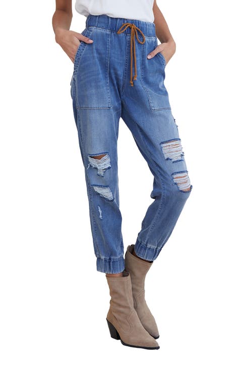 Ripped High Waist Denim Joggers