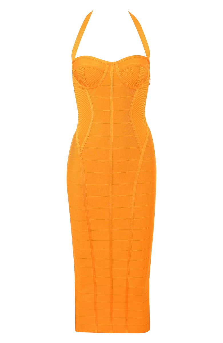 HOUSE OF CB The Sculpt Halter Neck Bandage Midi Dress, Alternate, color, Orange Sherbet