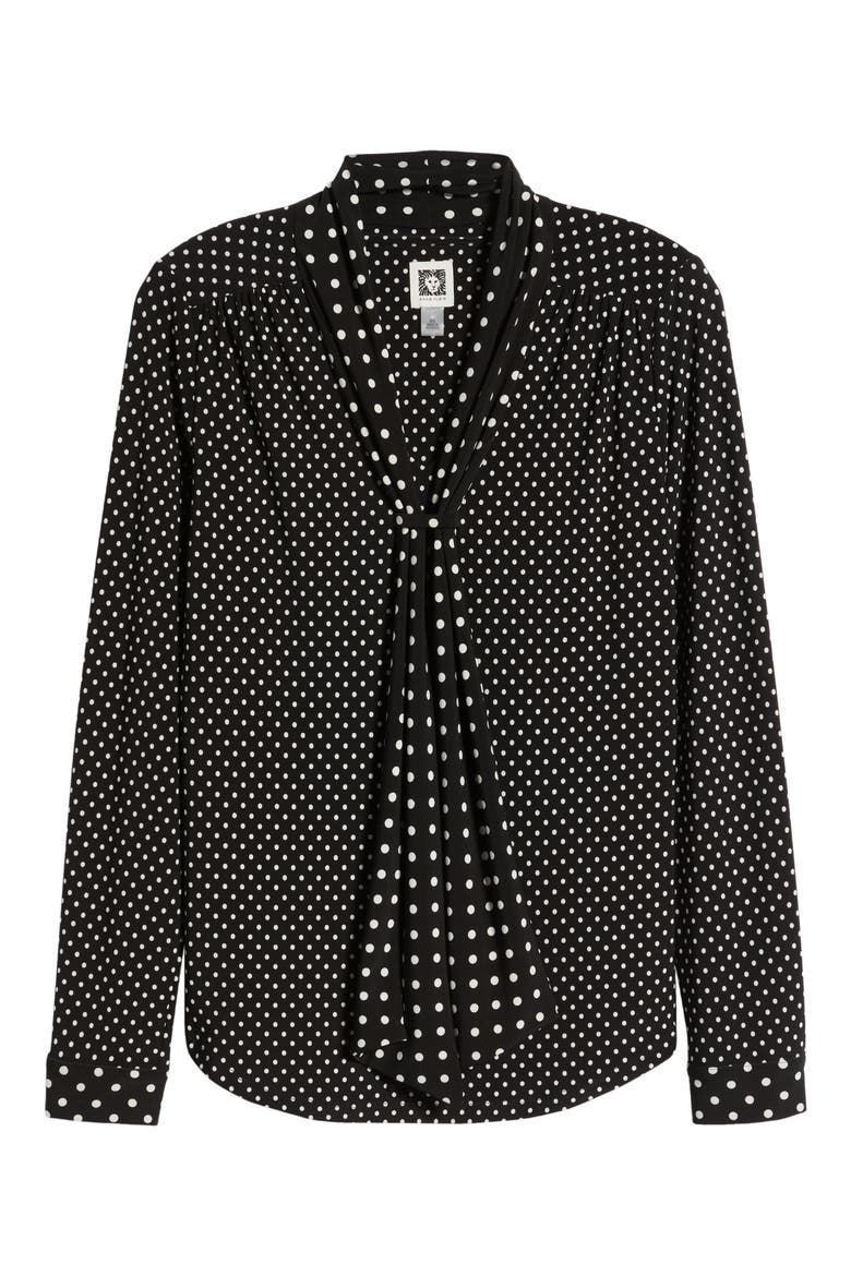 Polka Dot Tie Neck Long Sleeve Top, Alternate, color, ANNE BLACK/ ANNE WHITE